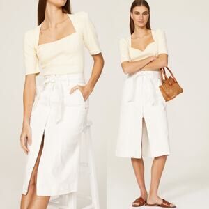 THAKOON COLLECTIVE White Denim Midi Skirt Belted Coquette Trendy Brunch A-Line
